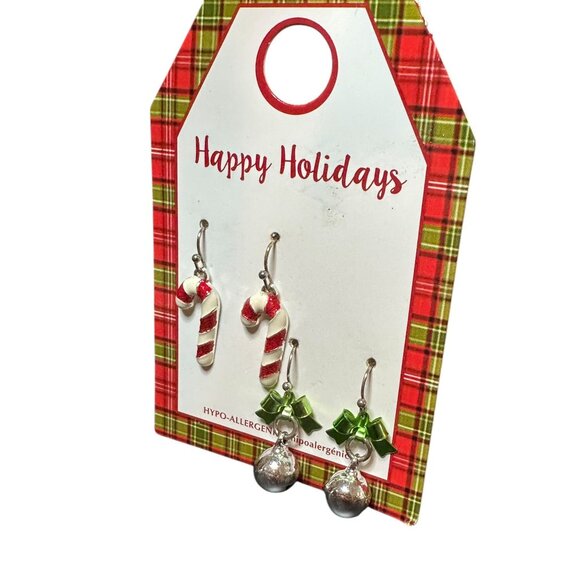 Holiday Hypo Allergenic Candy Cane Bell Earrings Set With Festive Plaid Backing - Picture 6 of 8